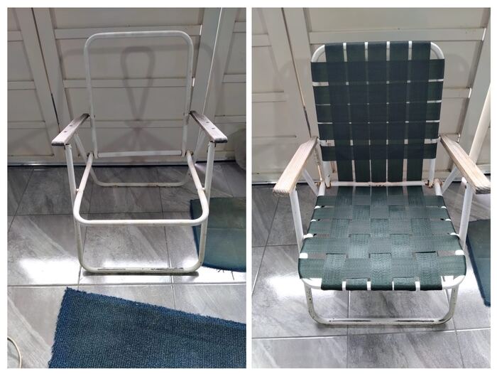 Reposera antes y después, con la tela tejida renovada