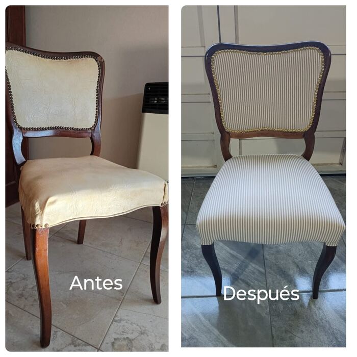 Silla de comedor antes y después, tapizada en tela rayada