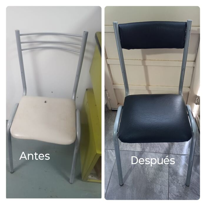 Silla de caño antes y después, tapizada en cuerina negra