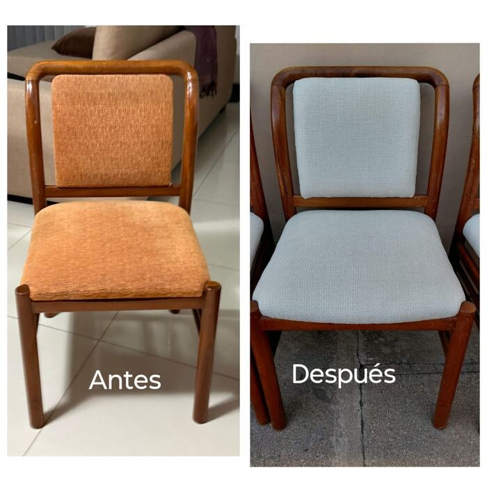 Silla moderna antes y después, de naranja a celeste