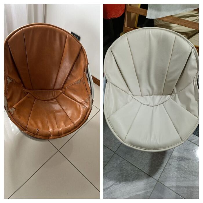 Sillón giratorio antes y después, de cuero gastado a cuerina nueva