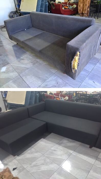 Sillón rinconero antes y después de la restauración