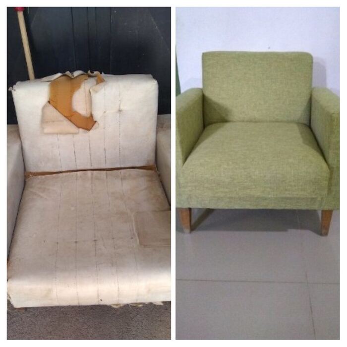 Sillón antes y después, tapizado en verde